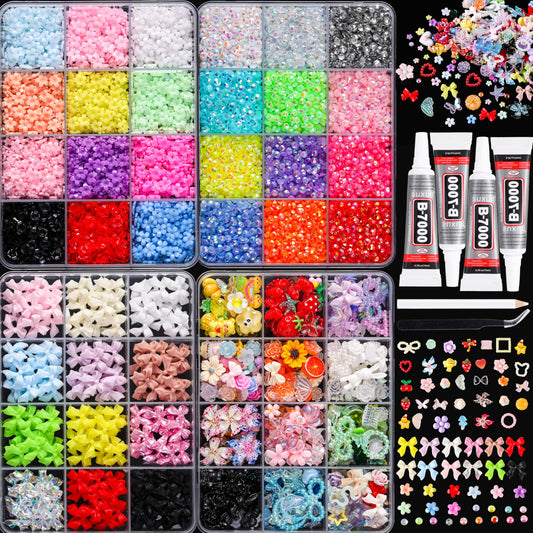 LERBOU Colorful Macaron Nail Charms Kit, 4 Boxes Pastel Rhinestones Bowknot Flowers & Colorful Nail Art Accessories,Bedazzling Kit Multi-colored 3D DIY for Press On Nails,DIY Manicure
