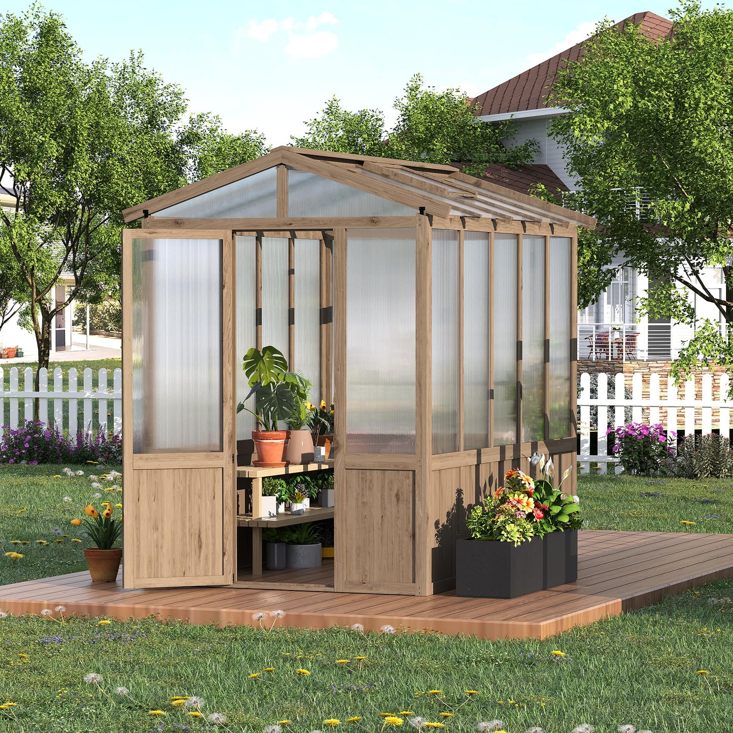 6x8FT Wooden Greenhouses for Outdoors, Wooden Walk-in Green House with Cedar Frame, Greenhouse Kit with 6MM Thick Polycarbonate Panel