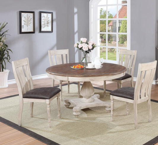 Roundhill Furniture Arch Solid Wood Dining Set: Round Table, Four Chairs, Distressed White and Dark Oak