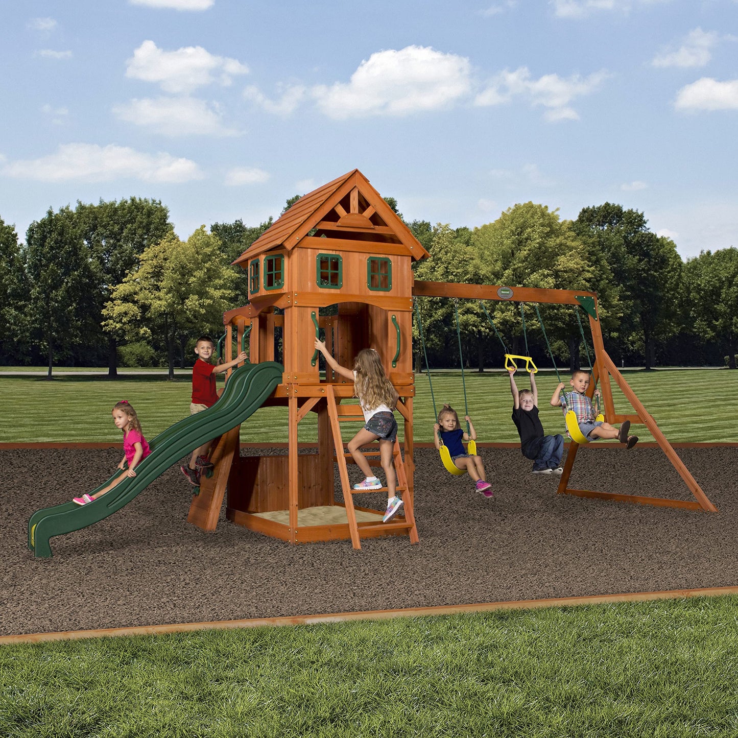 Backyard Discovery Atlantis Cedar Wood Swing Set with Wave Slide, Raised Clubhouse, Rock Wall, Belt Swings, Trapeze, Balcony, Lower Play Space, Snack Bar, Sandbox Area, Step Ladder, Outdoor Playset