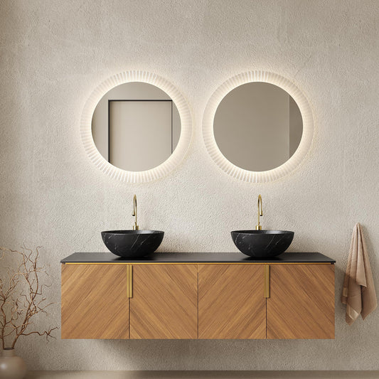 KEIKI 60 Inch Floating Bathroom Vanity with Sink, Modern Wall Mounted Storage Cabinet with 2 Soft Close Doors, Sintered Stone Top & Ceramic Basin Combo Set, Brown Oak & Black