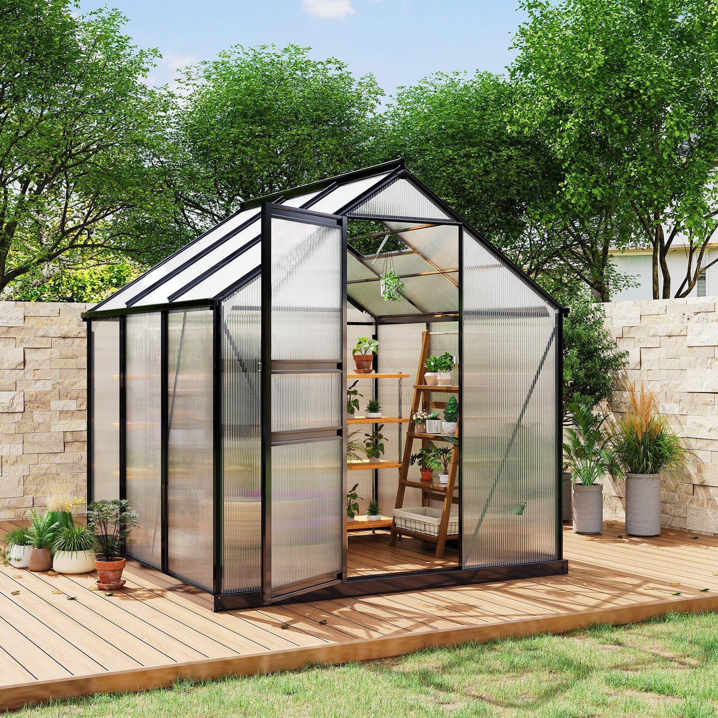 6x6FT Walk-in Greenhouses for Outdoors, Heavy Duty Polycarbonate Green House with Quick Setup Structure, Roof Vent, Push-Pull Lockable Door, Aluminum Green House for Garden Backyard, Patio, Lawn