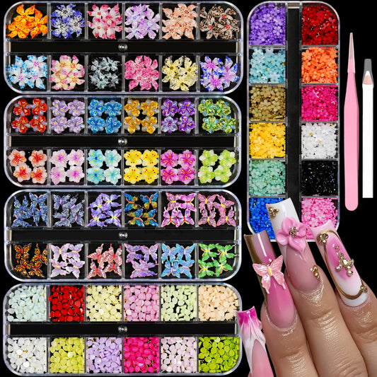 3D Flowers Nail Charms Hawaii Flowers Nail Rhinestones Butterfly Colorful Peach Blossoms Petal Gold Caviar Beads Nail Decorations Mixed Rhinestones Kit Nail Design for Women Nail Supplies(5 Boxes)