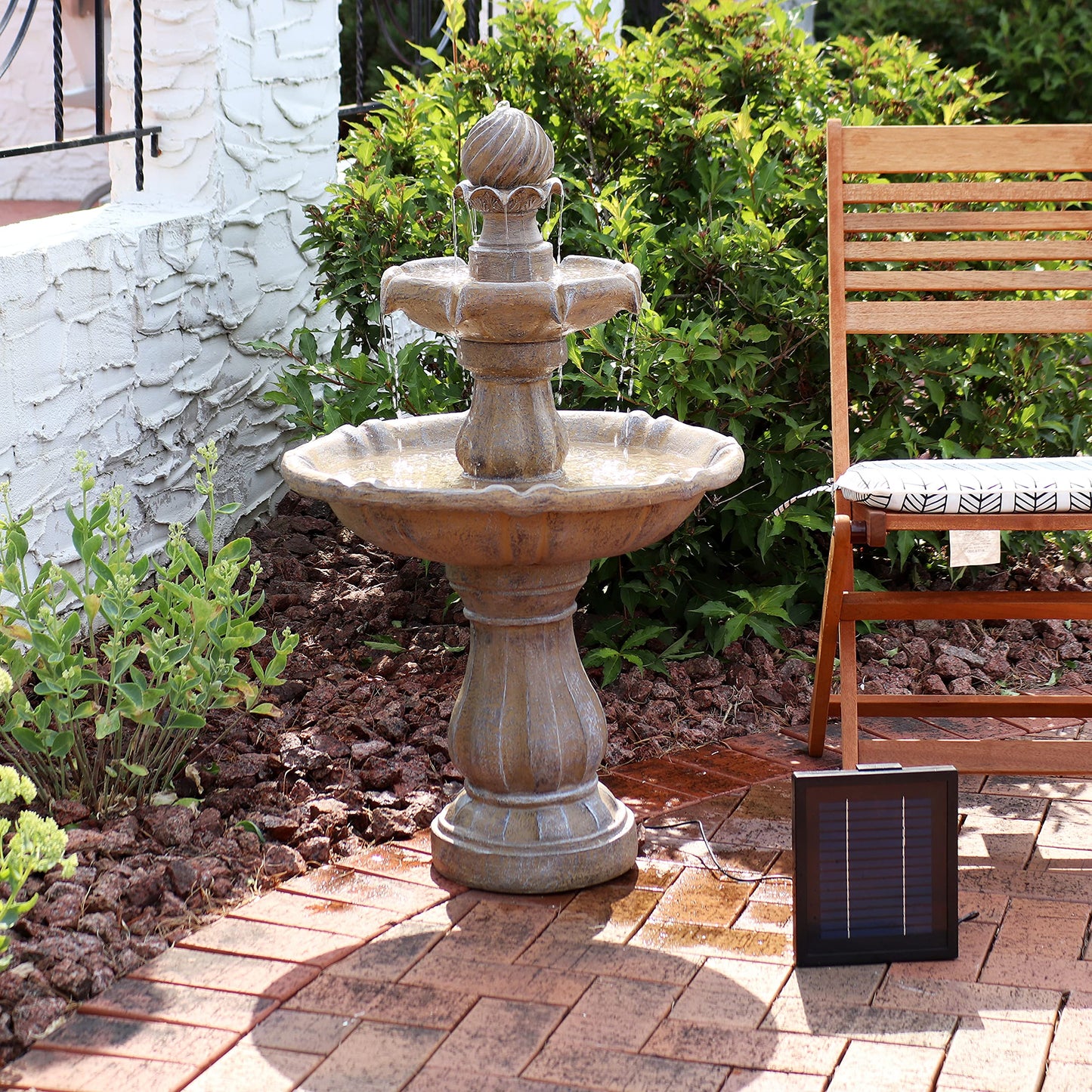 Sunnydaze 35" Solar 2-Tier Outdoor Water Fountain - Outdoor Water Fountain with Battery Backup and Pump - Earth